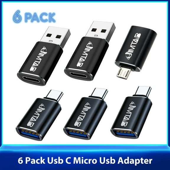 JIMTAB [USB C to USB &[USB to USB C]&[USB C to Micro USB] USB C to USB 3.0 Adapter Female (6 Pack) SuperSpeed Data Transfer & Fast Charging Converter for iPhone,Samsung,iPad,Laptop,PC-Black
