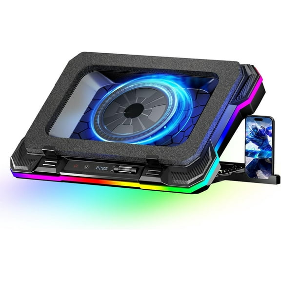 JIMTAB Upgraded Gaming Laptop Cooler Pad with 9 Quiet RGB Fans, Cooling Pad for 15.6-17.3 Inch Laptops with 7 Height Stands, 2 USB Ports, Phone Stand-Blue
