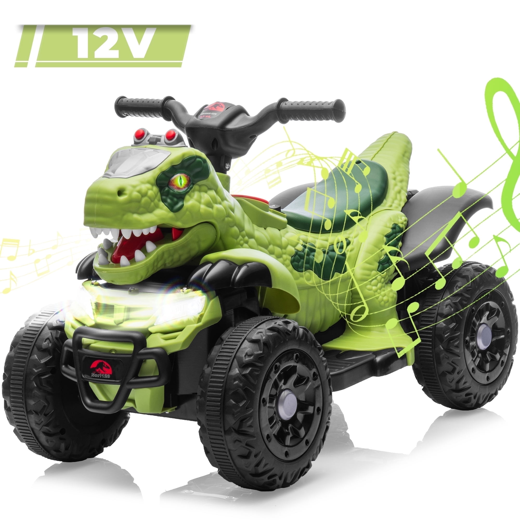 JIMUPARK 12V Kids Ride-on ATV Dinosaur Toy with LED Lights, USB, Bluetooth & Microphone Interface, Quad Four Wheelers  Powered Electric Car for Boys and Girls Ages 1-5, Green