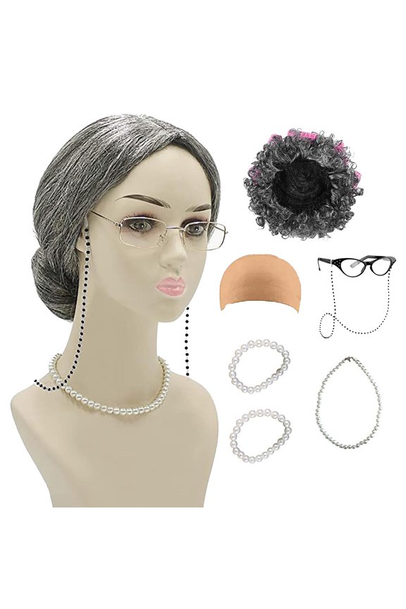Clearance,7 Wigs Wig Grandma COS Suit Chain Eyeglasses Pearl Necklace Bracelet Eye Glasses Earrings For Aprils Fools ' Day 100 Days Of School Gift for Women