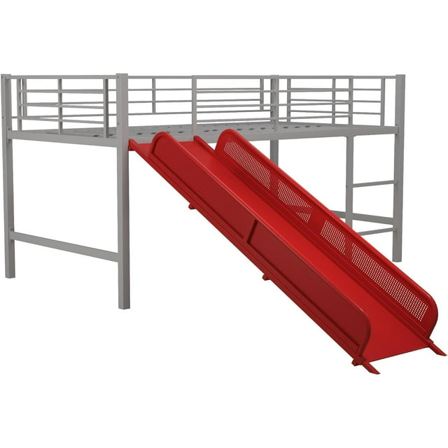JINCHANCHAN Junior Twin Metal Loft Bed with Slide, Multifunctional Design, Silver with Red Slide