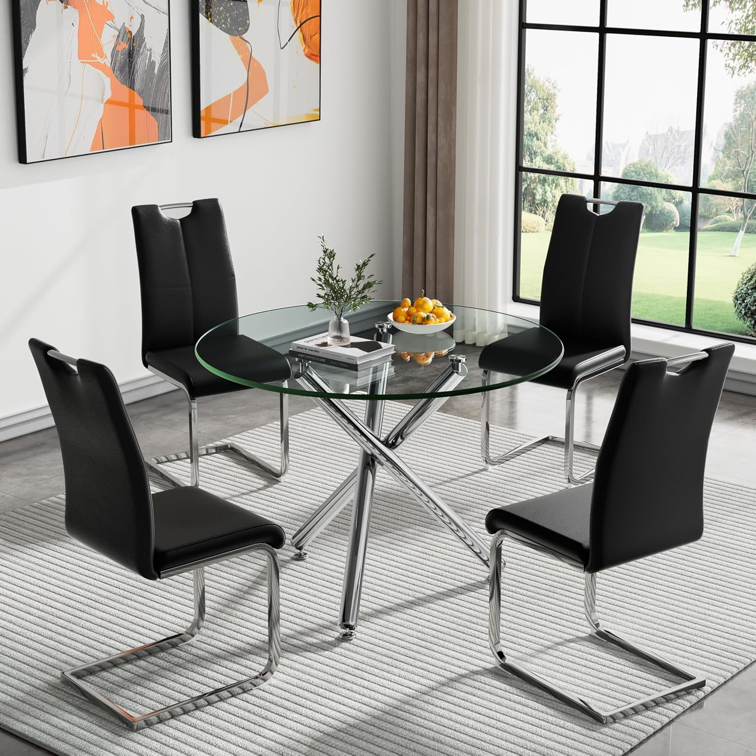 JINCHANCHAN Round Kitchen Table and Chairs Set 5-Piece Glass Dining ...