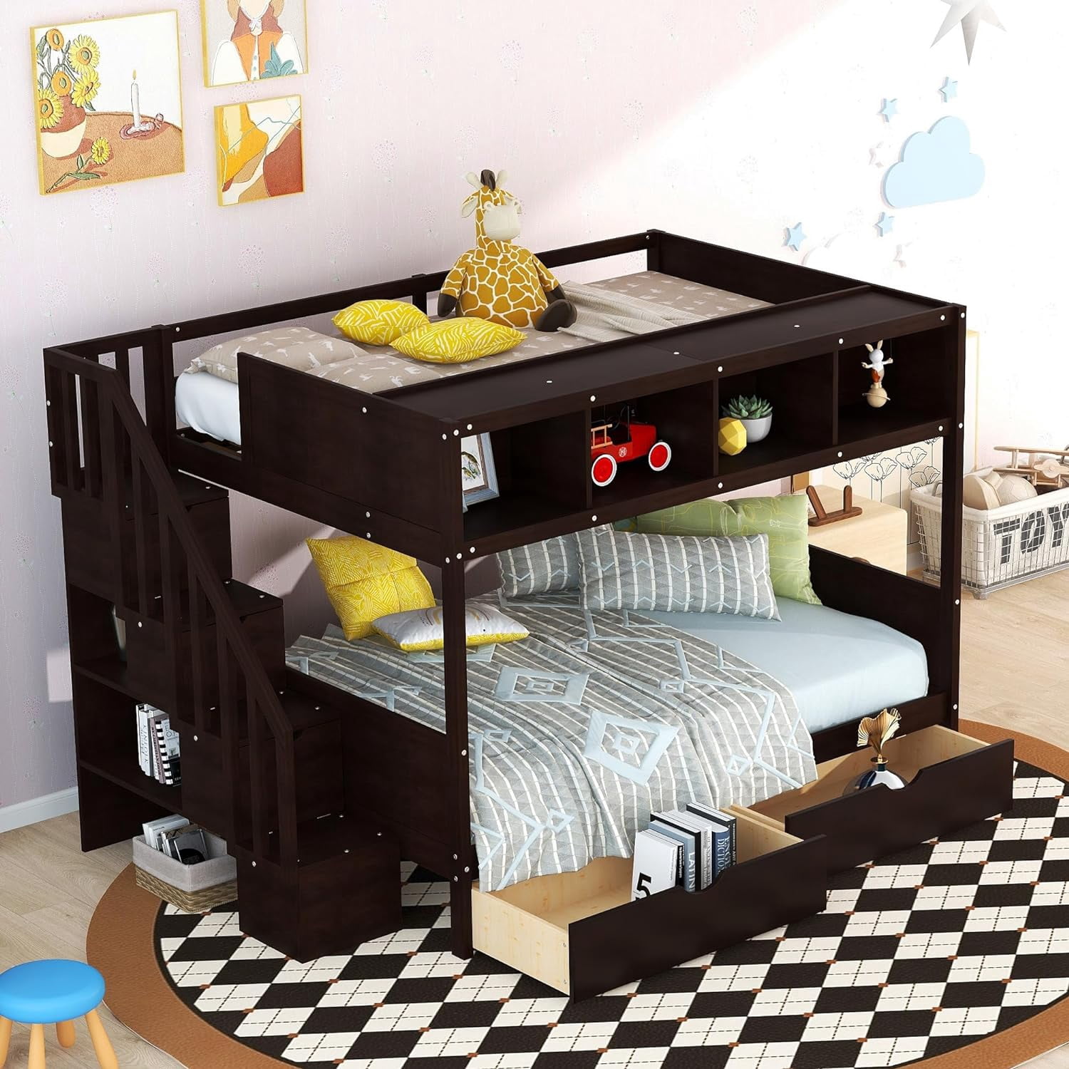 JINCHANCHAN Twin Over Full Bunk Bed with Stairs, Storage Shelves, Solid ...