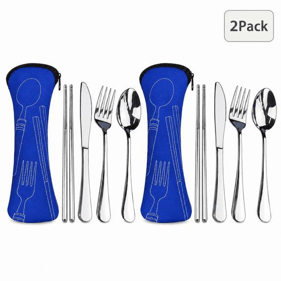 JINCOXL 2 Pack Reusable Flatware Sets Knife, Fork, Spoon, Chopsticks, 10Pcs Portable Travel Stainless Steel Tableware Dinnerware with Carrying Case
