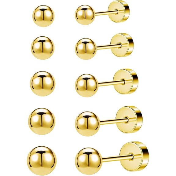 JINERA 5 Pairs Stud Earrings for Women 14K Plated Gold/Silver Pearl Ball Small Stud Earrings Set Cartilage Piercing Hypoallergenic Lightweight Flatback Earrings Jewelry Gifts for Women