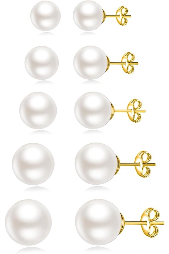 JINERA 5 Pairs Stud Earrings for Women 14K Plated Gold/Silver Pearl Ball Small Stud Earrings Set Cartilage Piercing Hypoallergenic Lightweight Flatback Earrings Jewelry Gifts for Women
