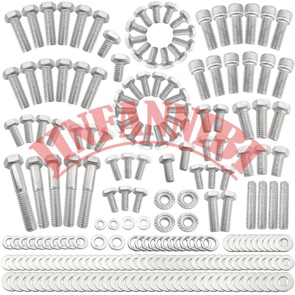 JINFANNIDI 211PCS Stainless Steel Full Thread Hex Engine Fastener Bolt Kit, Compatible with Chevy SBC Small Block 265 283 305 327 350 383 400, Non-EFI Only