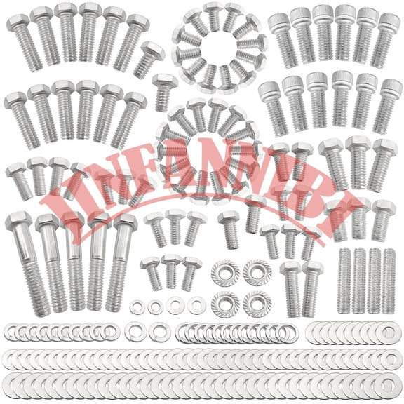 JINFANNIDI 211PCS Stainless Steel Full Thread Hex Engine Fastener Bolt Kit, Compatible with Chevy SBC Small Block 265 283 305 327 350 383 400, Non-EFI Only