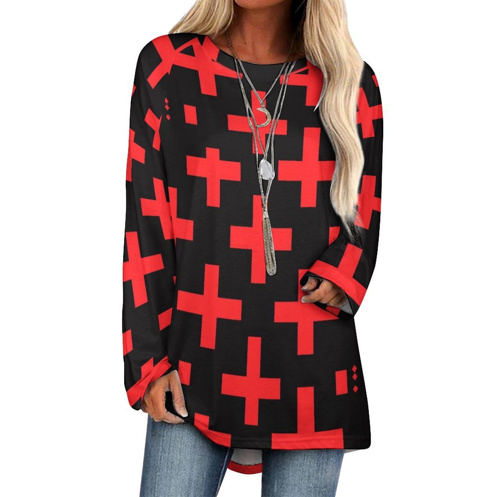 JINGDS Black Cross Print 402 Casual Long Tunic Tops for Women, Long