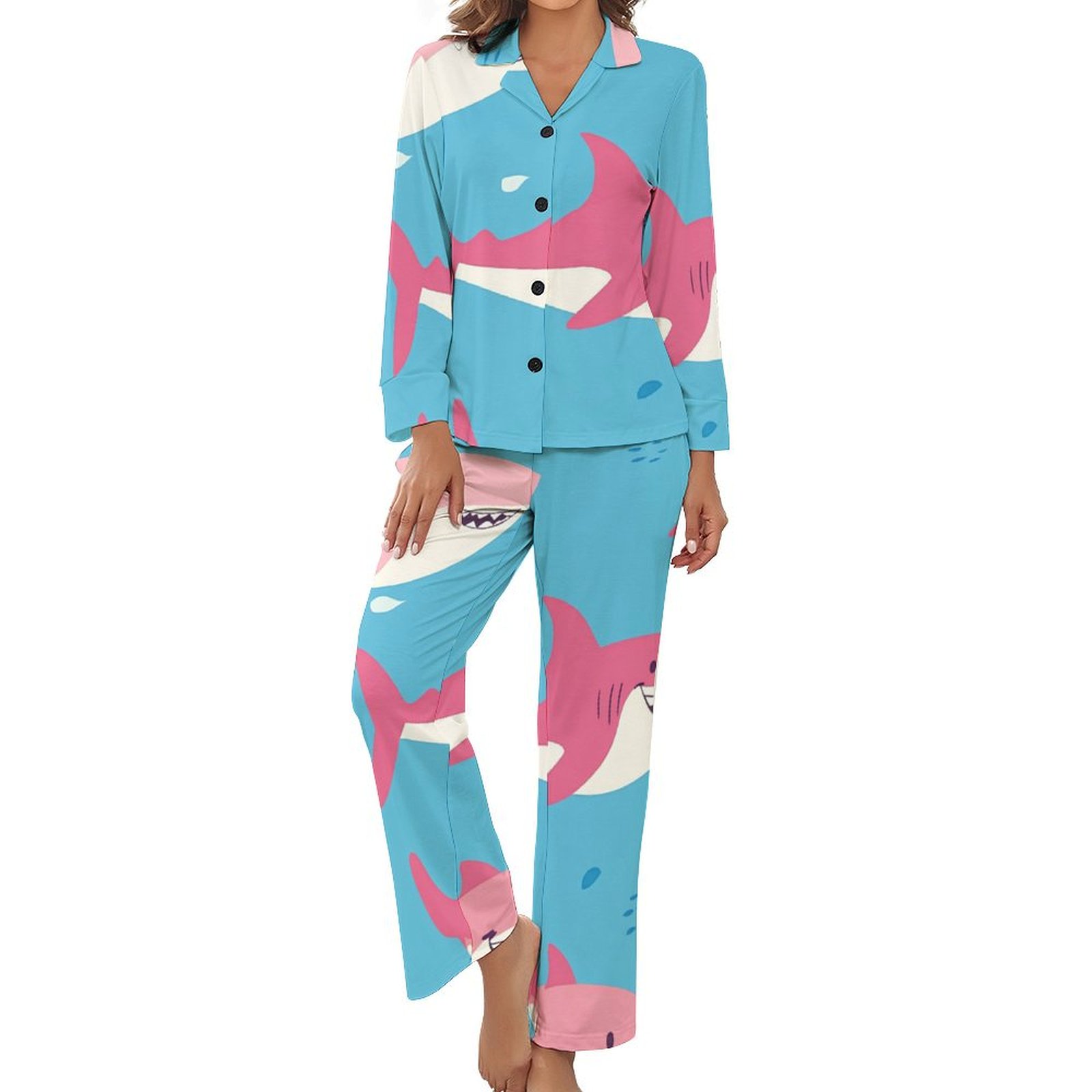 JINGDS Calm Shark Smiling48 Women's Pajama Sets, Comfy Lounge Sets for