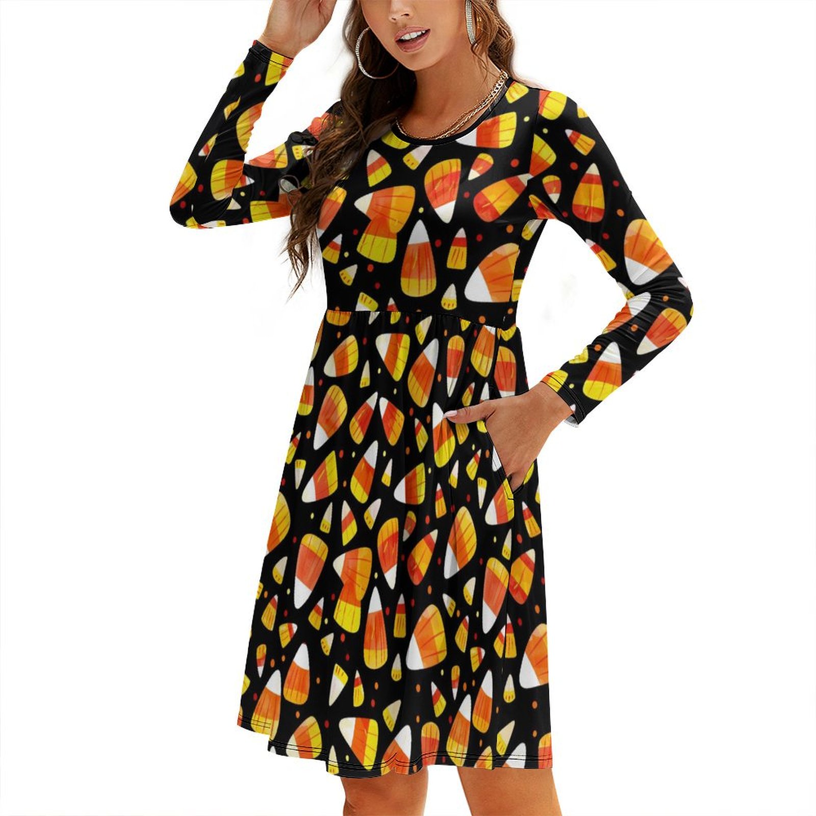 JINGDS Candy Corn Card Suits Playful Candy14 Women's Long Sleeve Swing