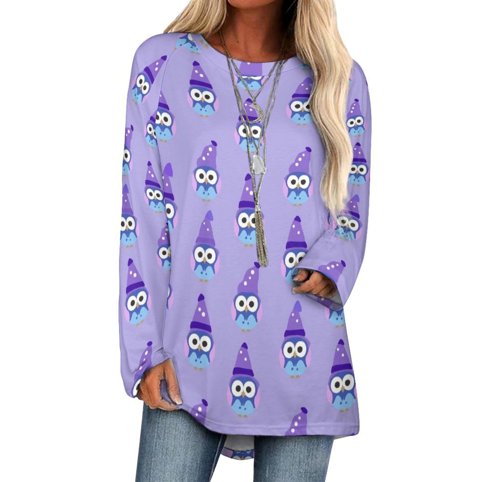 JINGDS Cute Owl In Sleep Hat352 Casual Long Tunic Tops for Women, Long
