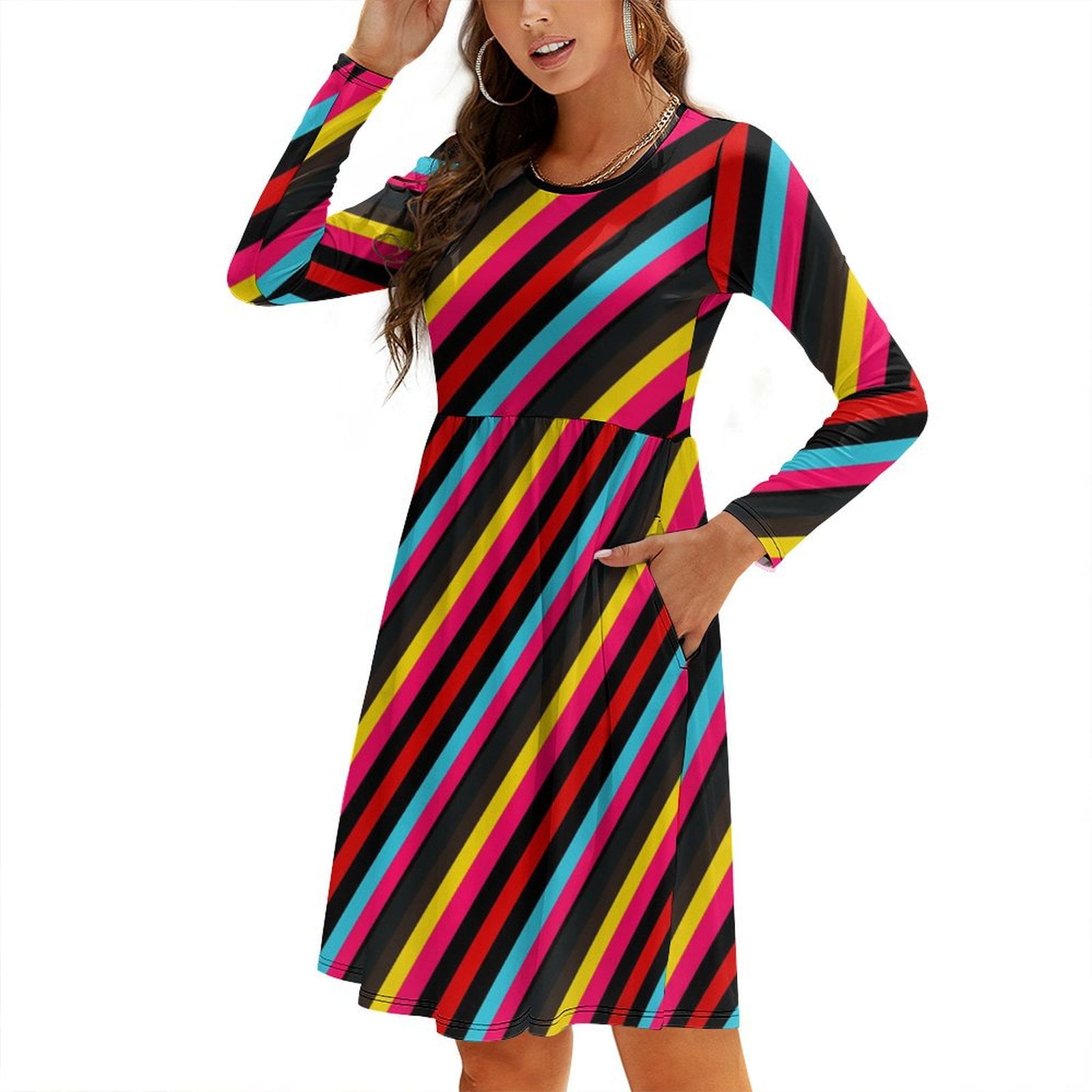 JINGDS Diagonal Stripes176 Women's Long Sleeve Swing Dress Knee Length