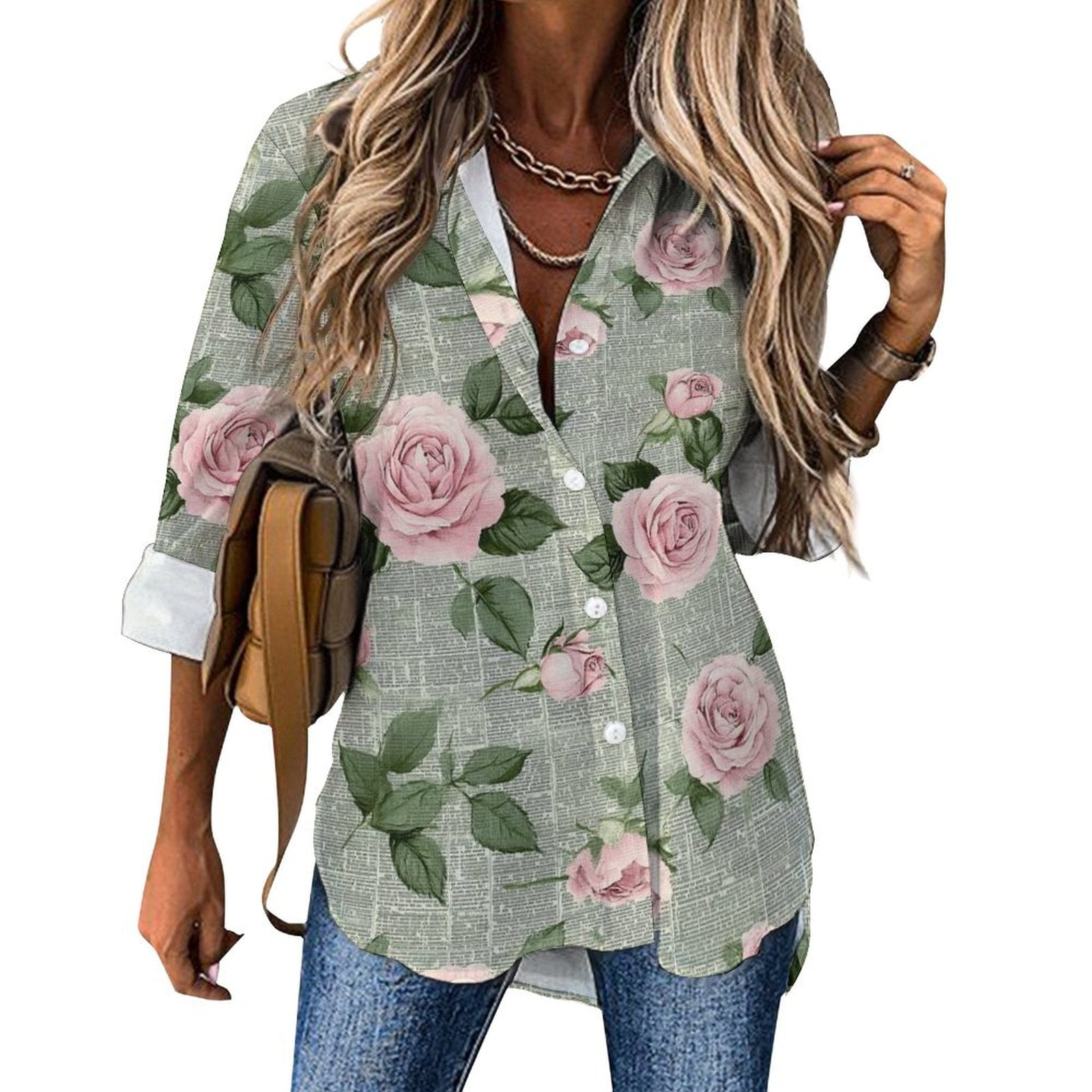 JINGDS Rose And Newsprint1415 Women's Long Sleeve Shirts, Fashion