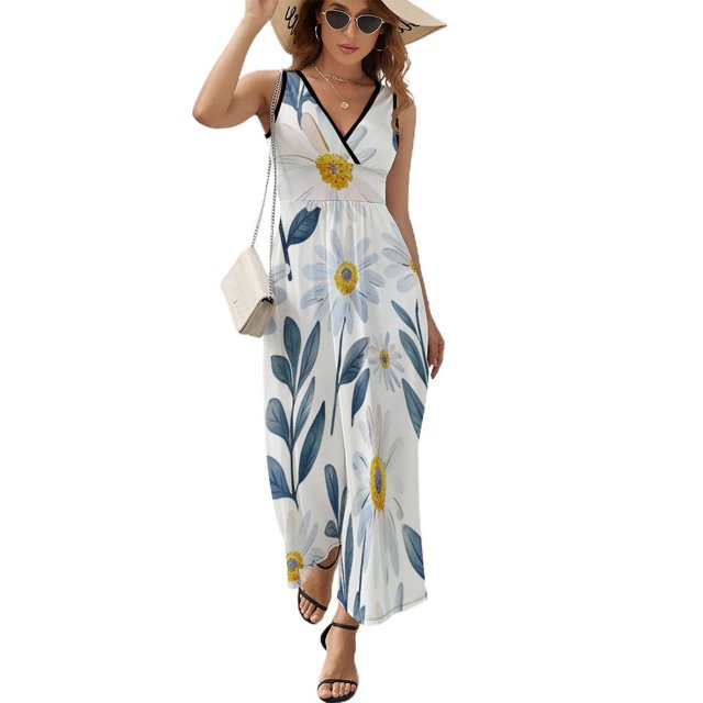 JINGDS Watercolor Daisy Ditsy142 Women Maxi Dress, V Neck Summer Dress