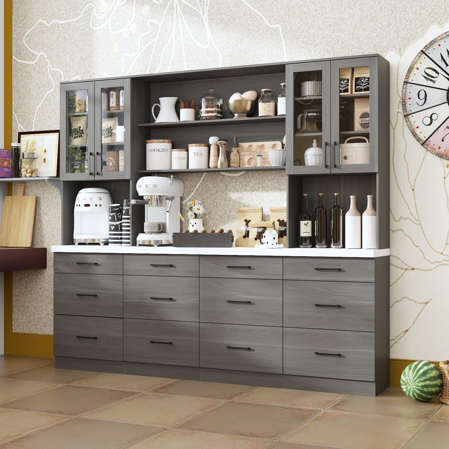 JINGRONG Kitchen Pantry with Glass Doors, Large Kitchen Hutch Pantry