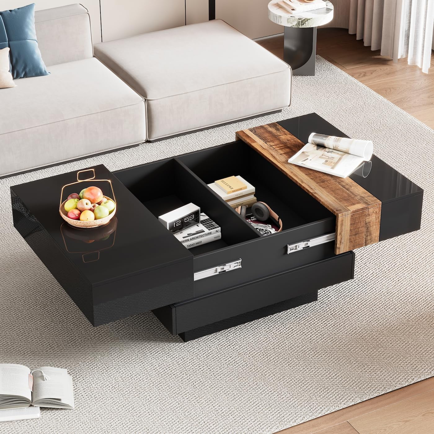 JINGRONG Small Coffee Table with Storage, Sliding Tabletop, High Gloss