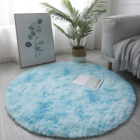 JINGT 40cm Circle Round Shaggy Rug Living Room Bedroom Carpet Floor Fluffy Mat Anti-Skid Blue