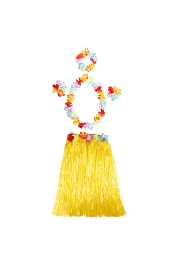 JINGT 5Pcs Hawaiian Fancy Dress Hula Costume Grass Skirt Flower Garland Bra Aloha Set Yellow