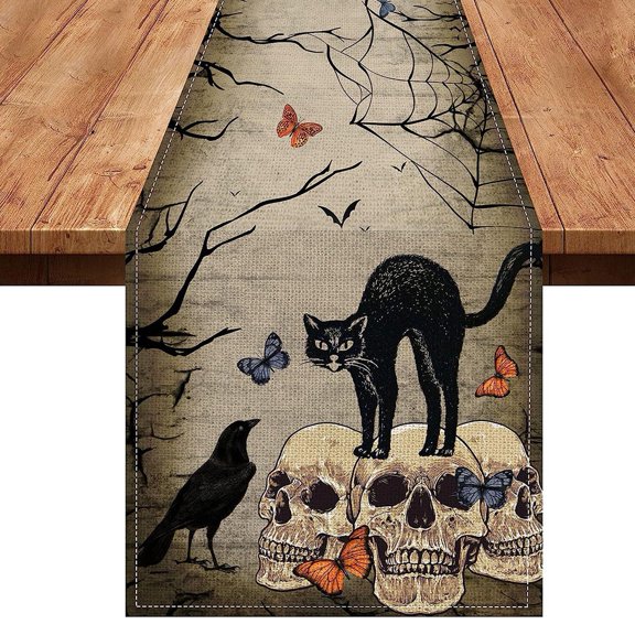 JINGT Halloween Table Decoration Table Runner Tablecloth Pumpkin Spider Web Skull F