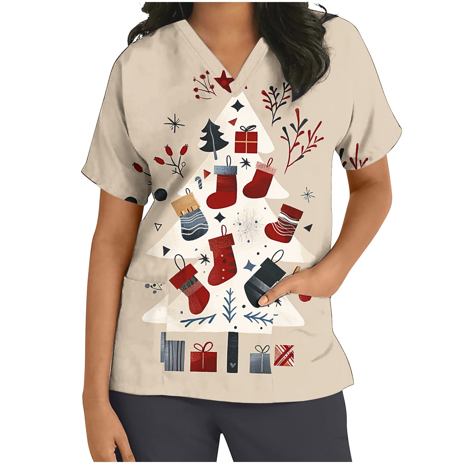 JINGWANGYHBD Nurse Uniform for Women Christmas Scrub Tops Stretchy  Lightweight Shirts Xmas Cute Printed Uniforms V-neck Loose Casual Top -  Walmart.com, image size:1600x1600