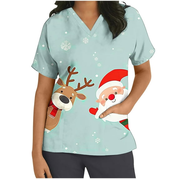 JINGWANGYHBD Womens Christmas Nurse Uniform Lightweight Scrub Tops Funny Print Shirts Stretchy Soft Loose Uniforms Holiday Merry Xmas Workwear