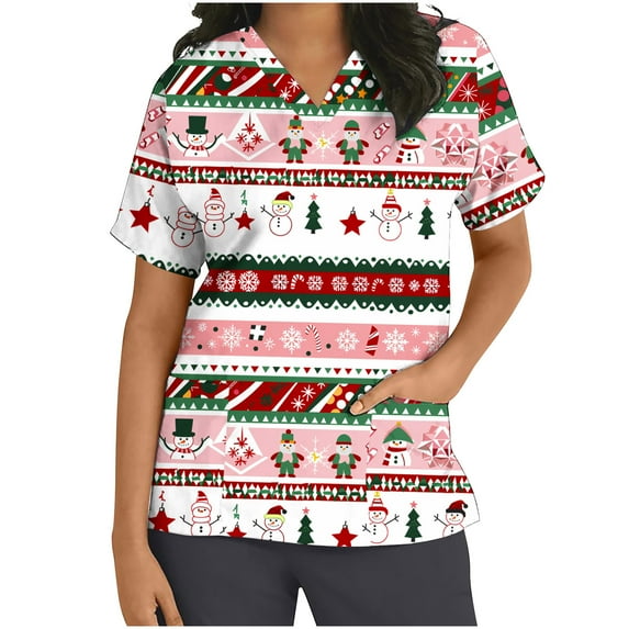 JINGWANGYHBD Womens Christmas Nurse Uniform Lightweight Scrub Tops Funny Print Shirts Stretchy Soft Loose Uniforms Holiday Merry Xmas Workwear