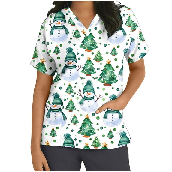 JINGWANGYHBD Womens Christmas Scrub Tops Cute Print Nurse Uniform V-neck Short Sleeve Shirts Cozy Loose Casual Top Vacation Working Uniforms