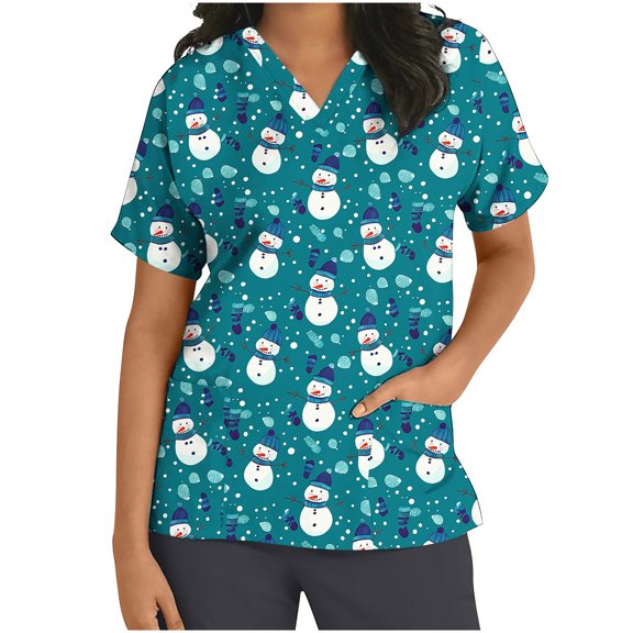 JINGWANGYHBD Womens Nurse Unifrom Christmas Scrub Shirts Snowman Print Tops Merry Xmas Working Uniforms Going Out Party Scrubs Top with Pockets