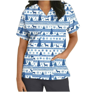 JINGWANGYHBD Womens Scrub Shirts Funny Christmas Tops Printed Casual Nurse Uniform V-neck Short Sleeve Shirt Stretchy Srubs Top with 2 Pockets