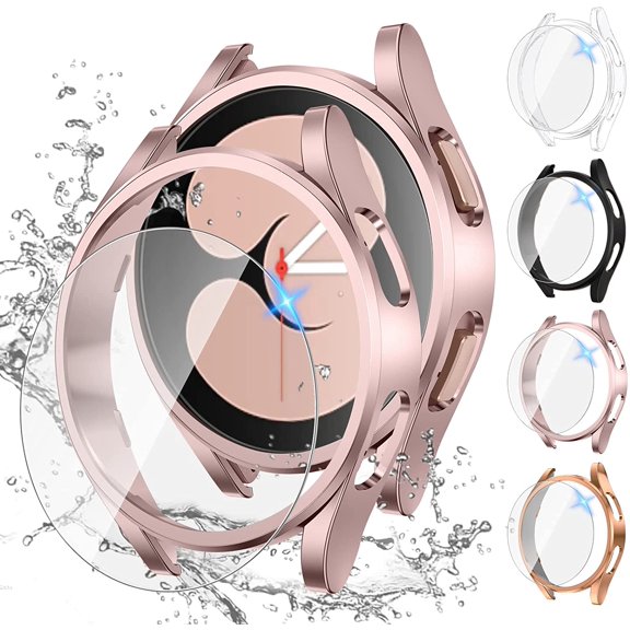 JINGYANG [4+4Pack] for Samsung Galaxy Watch 4 Screen Protector and Case 40mm, Anti-Fog Tempered Glass Protective Film & Hard PC Bumper, Face Cover Set, Clear/Black/Black-Rose Gold/White-Rose Gold