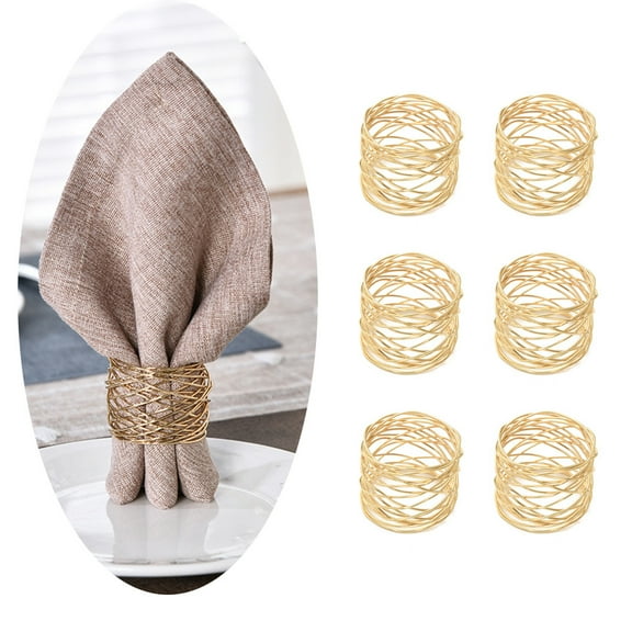 JINGYANG Handmade Round Mesh Napkin Rings Holder for Dinning Table Parties Everyday, Set of 6 (Gold)