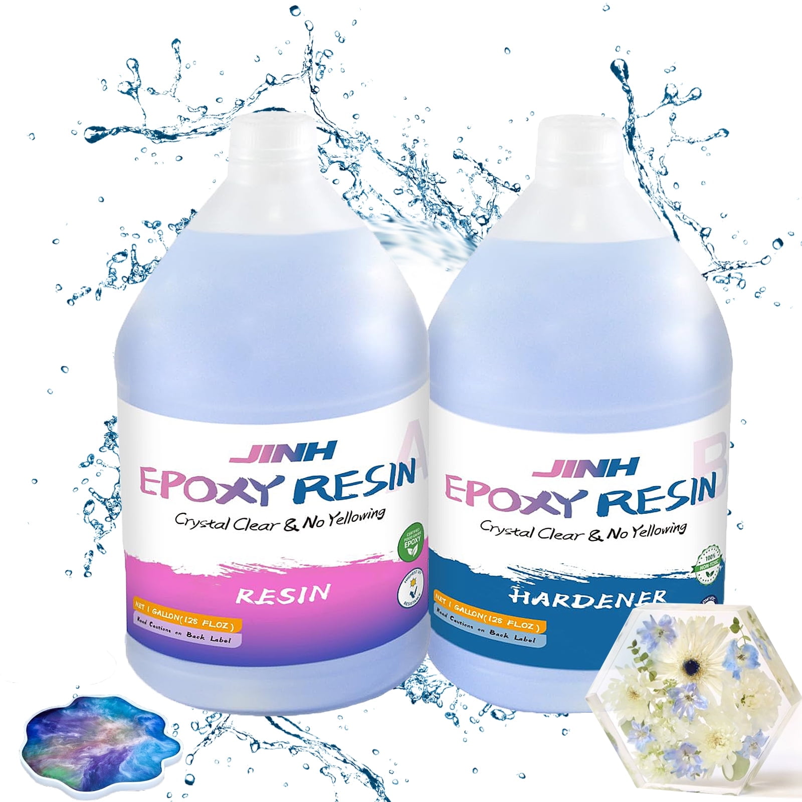 JINH Epoxy Resin 2 Gallon, Upgraded Crystal Clear Epoxy Kit UV Resistant No Bubble Self Leveling, 1 Gallon Resin and 1 Gallon Hardener Kit for DIY Art, Jewelry, Resin Art, Molds, Countertops