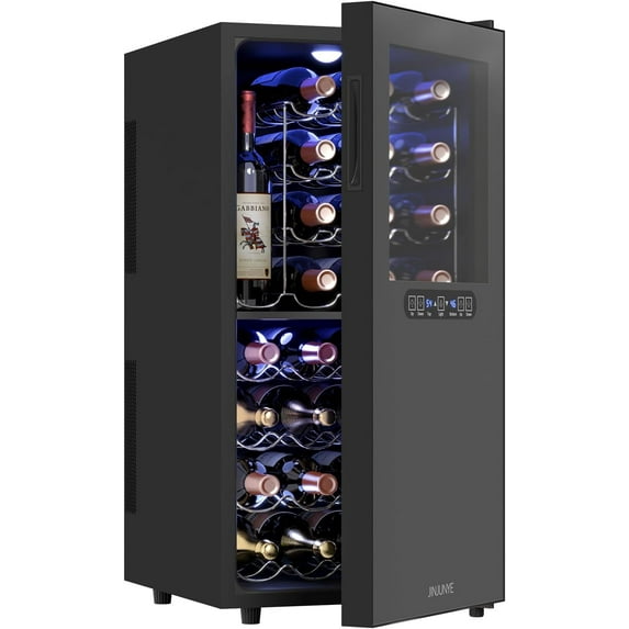 JINJUNYE 32 Bottle Wine Cooler Dual Zone, Wine Fridge Upright & Flat Store, Under Counter Freestanding Wine Cooler Refrigerator with Temperature Control, Gift for Wine Lover