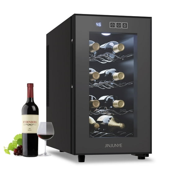 JINJUNYE 8 Bottle Wine Cooler, Mini Freestanding Refrigerator with Glass Door, 46-66°F