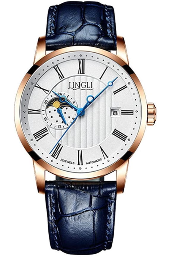 Men Automatic Self-Winding Mechanical Stainless Steel Leather Business Wrist Watch Sapphire Crystal Waterproof Clock Calendar Moon Phase