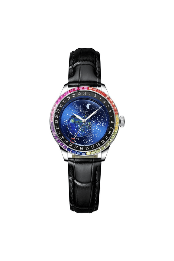 Men Automatic Self-Winding Mechanical Stainless Steel Leather Lucky Starry Sky Carp Dial Wrist Watch Sapphire Crystal Waterproof Clock Rhinestone Bezel