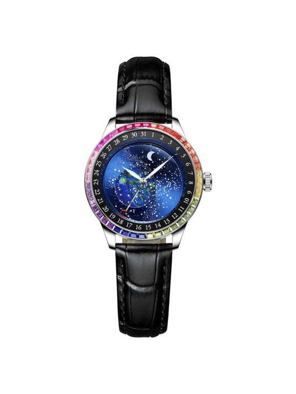 Men Automatic Self-Winding Mechanical Stainless Steel Leather Lucky Starry Sky Carp Dial Wrist Watch Sapphire Crystal Waterproof Clock Rhinestone Bezel