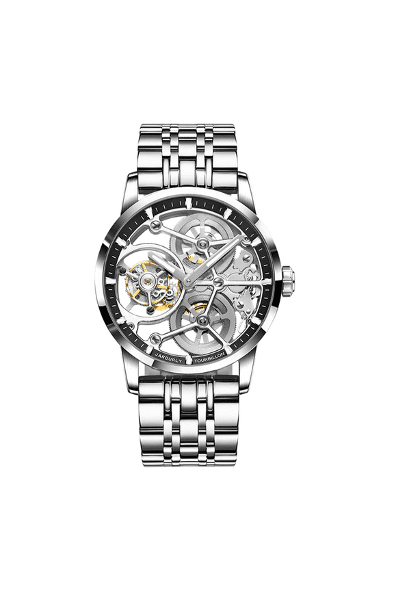 Men Nine-Position Tourbillon Skeleton Mechanical Hand Wind Stainless Steel Leather Wrist Watch Sapphire Crystal Manual Wind Hollow Clock Male Luminous