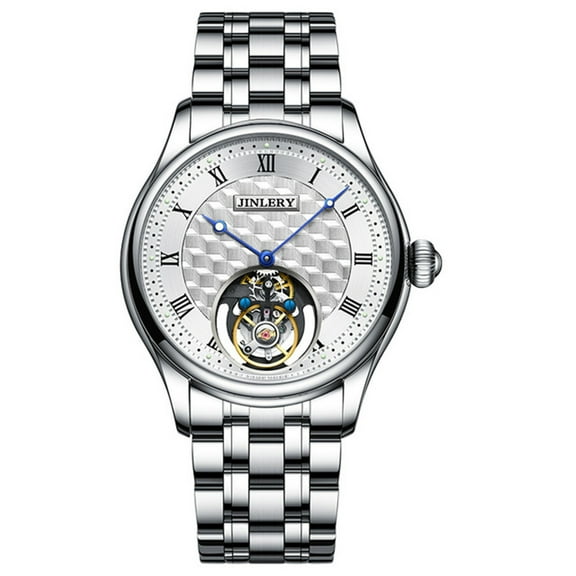 JINLERY Men Skeleton Tourbillon Watch Mechanical Hand Wind Stainless Steel Leather Flywheel Wristwatch Sapphire Crystal Manual Wind Hollow Clock Male Luminous