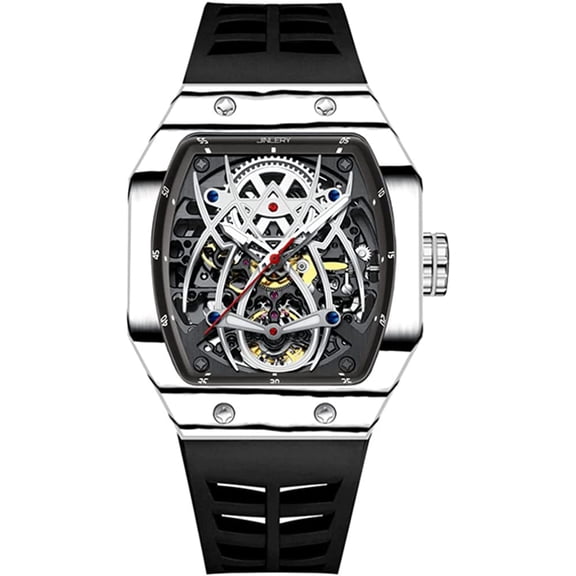 JINLERY Skeleton Automatic Mechanical Men Tourbillon Tonneau Wrist Watch Carbon Fiber Silicone Sapphire Crystal Waterproof Luminous Spider Hollow Clock