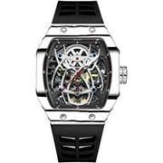 JINLERY Skeleton Automatic Mechanical Men Tourbillon Tonneau Wrist Watch Carbon Fiber Silicone Sapphire Crystal Waterproof Luminous Spider Hollow Clock