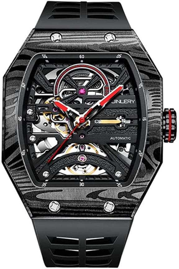 Skeleton Automatic Mechanical Men Tourbillon Tonneau Wrist Watch Steel Silicone Sapphire Crystal Waterproof Richard Kinetic Hollow Clock Luminous