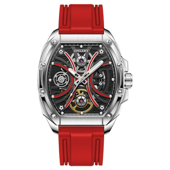 JINLERY Skeleton Automatic Self-Wind Men Tonneau Wrist Watch Stainless Steel Silicone Sapphire Crystal Waterproof Kinetic Energy Reserve Clock Man Hollow Luminous Mechanical Wristwatch