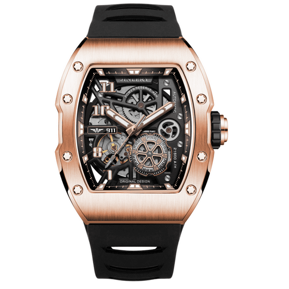 JINLERY Skeleton Automatic Self-Wind Men Tonneau Wrist Watch Stainless Steel Silicone Sapphire Crystal Waterproof Kinetic Energy Reserve Clock Man Hollow Luminous Mechanical Wristwatch