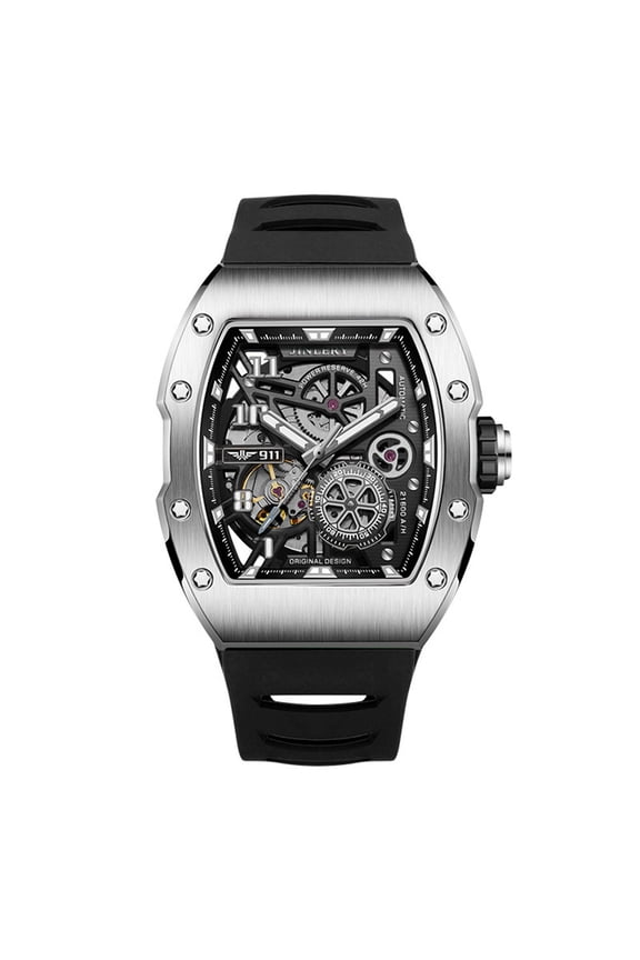 Skeleton Automatic Self-Wind Men Tonneau Wrist Watch Stainless Steel Silicone Sapphire Crystal Waterproof Kinetic Energy Reserve Clock Man Hollow Luminous Mechanical Wristwatch