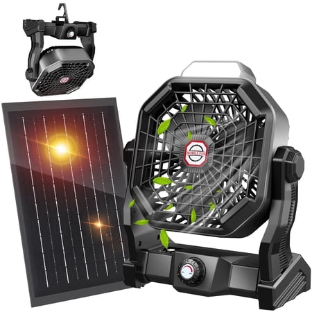 JINLICTE 10400mAh Solar fan with LED Lantern, Camping Fan with Solar Panel, 7W Rechargeable Solar Powered Fan for Outside, Quiet Battery Operated Tent Fan for Picnic, Barbecue, Fishing,Black