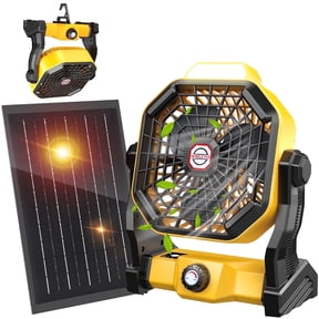 JINLICTE 10400mAh Solar fan with LED Lantern, Camping Fan with Solar Panel, 7W Rechargeable Solar Powered Fan for Outside, Quiet Battery Operated Tent Fan for Picnic, Barbecue, Fishing,Yellow