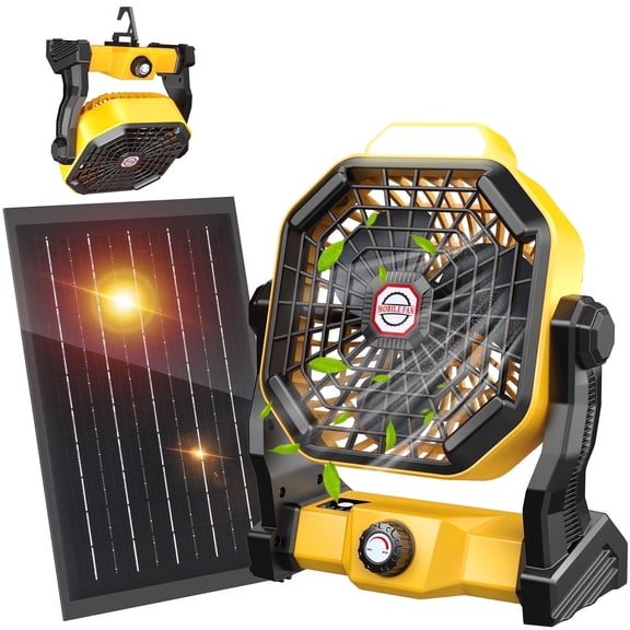 JINLICTE 10400mAh Solar fan with LED Lantern, Camping Fan with Solar Panel, 7W Rechargeable Solar Powered Fan for Outside, Quiet Battery Operated Tent Fan for Picnic, Barbecue, Fishing,Yellow