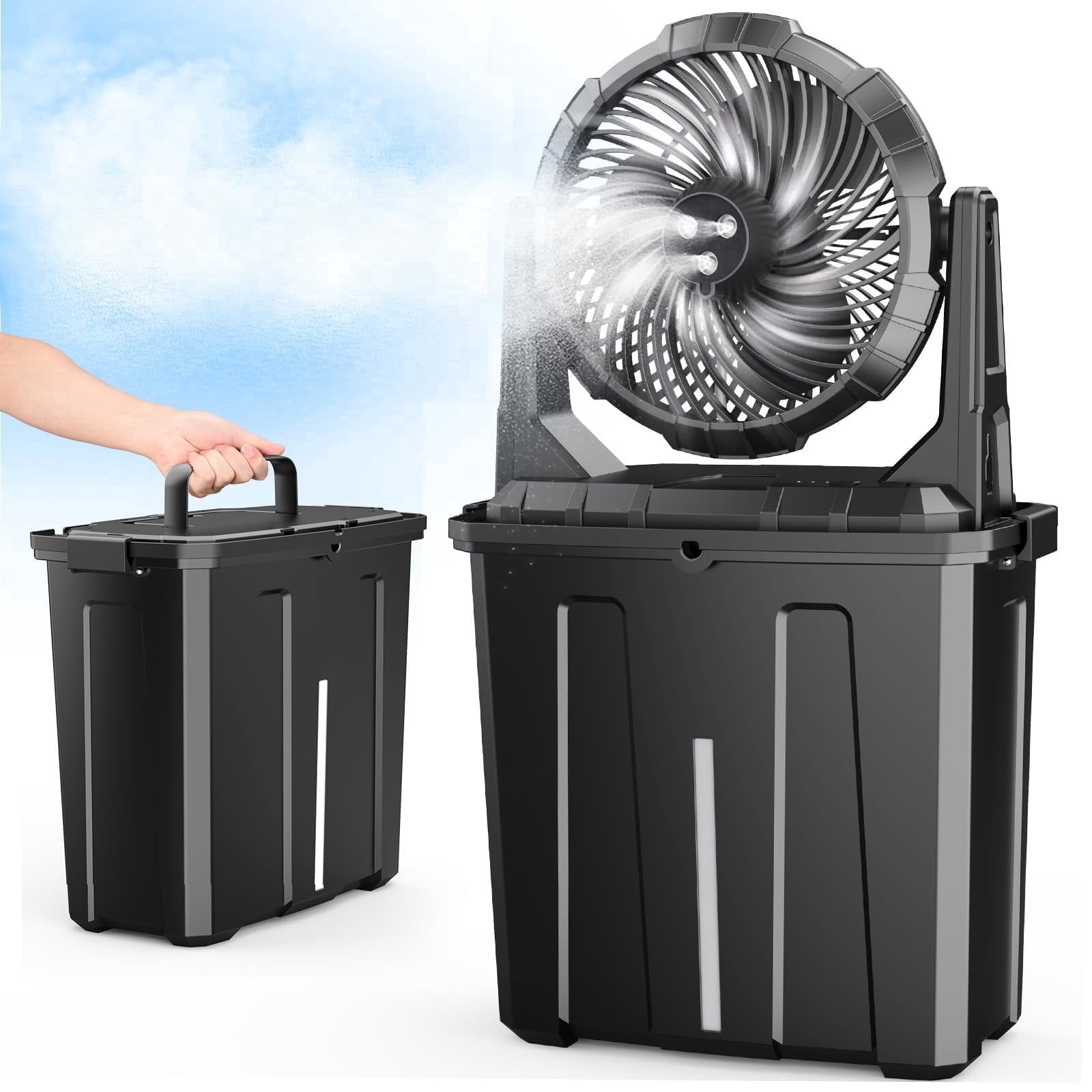 JINLICTE 9L Bucket Portable Misting Fan for Outdoors Patios, 20000mAh Rechargeable Battery Operated Camping Fan for Fishing/Travel/Golf/Tent/Office